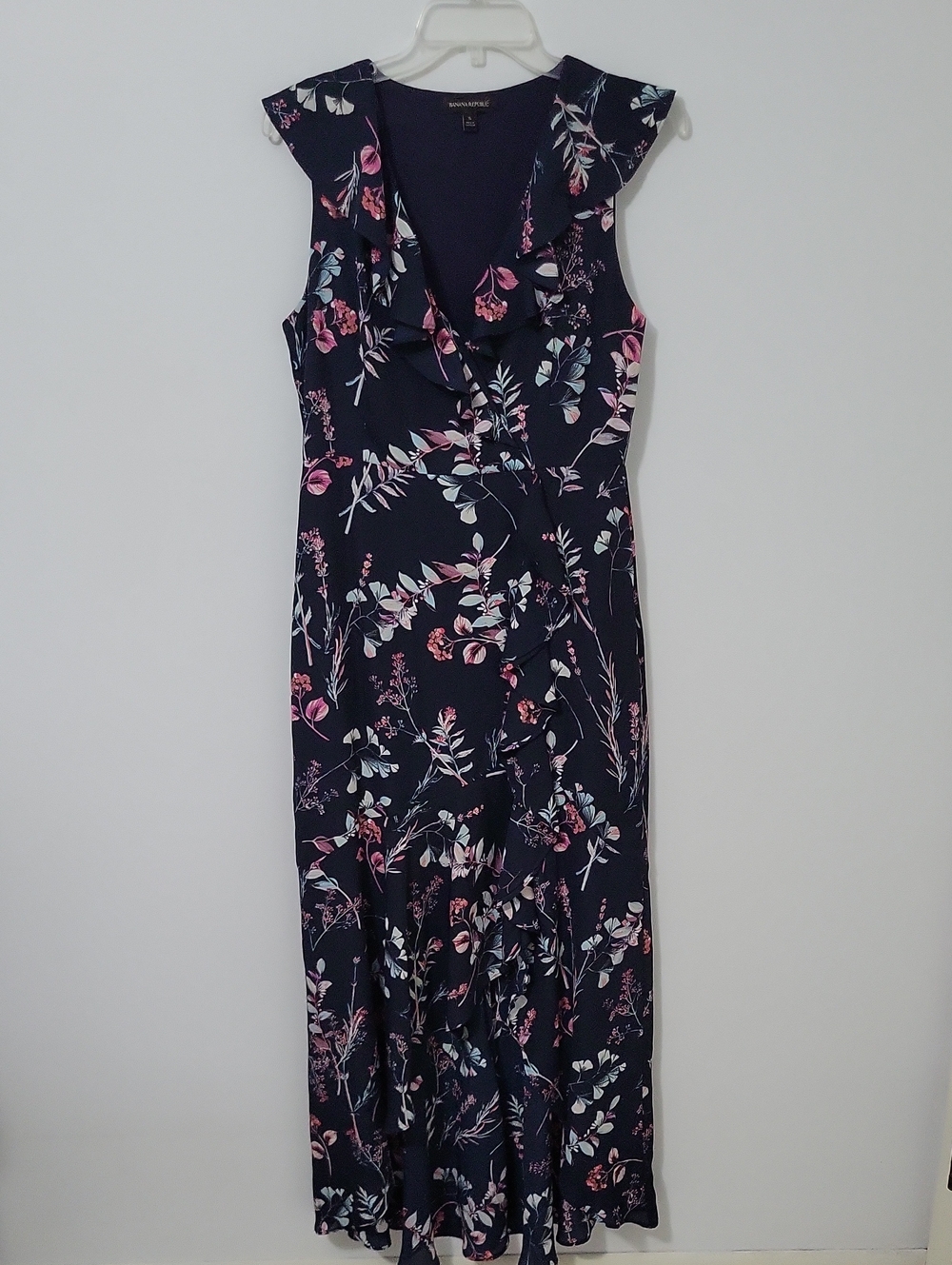Banana Republic Faux Wrap Navy Floral Ruffle Maxi Dress, Size 6